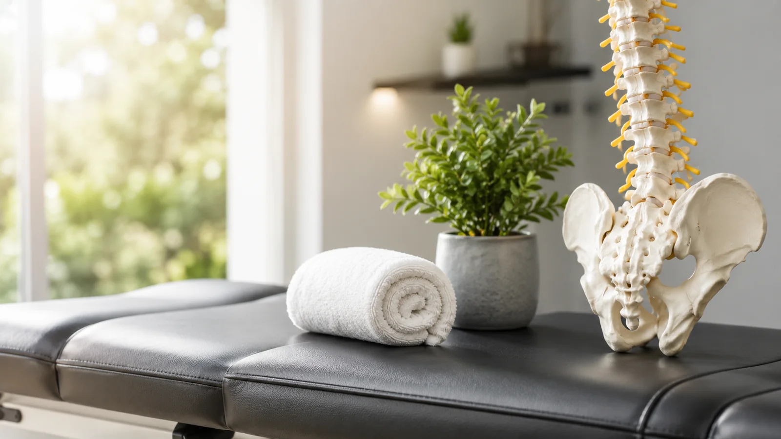 Modern chiropractic treatment room with spine model and treatment table