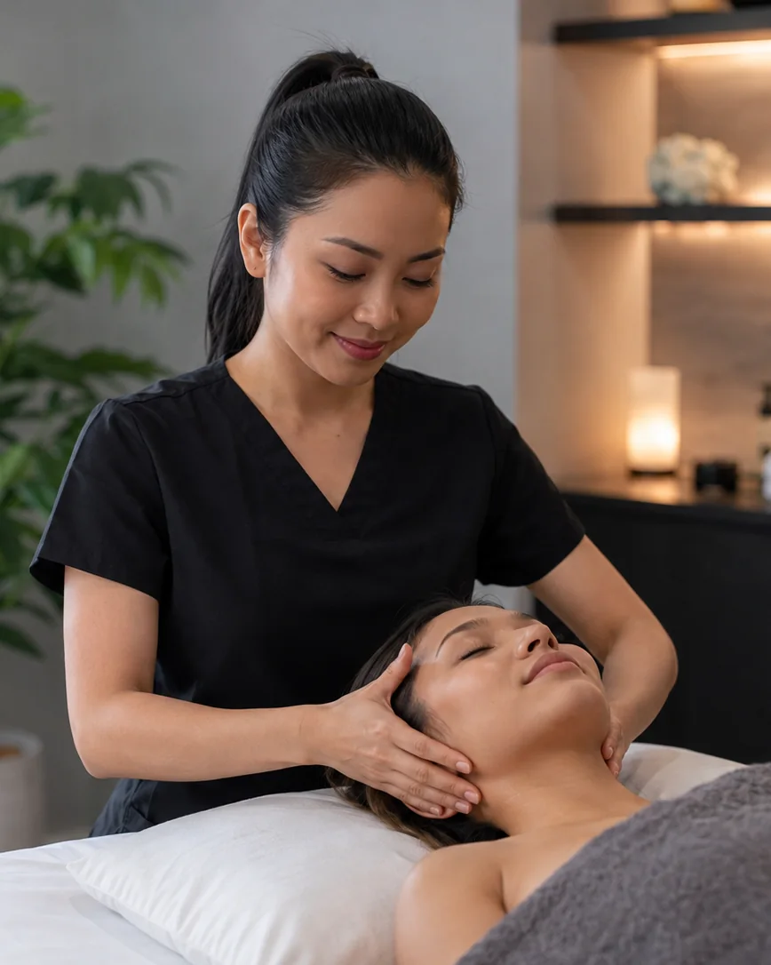 Professional female recovery therapist delivering a premium hands-on recovery session