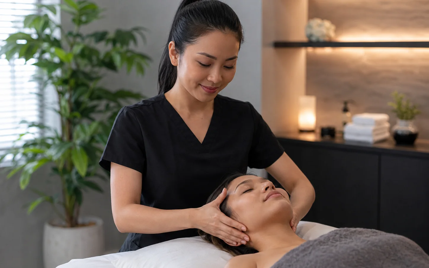 Professional female massage therapist providing a focused head and neck recovery session